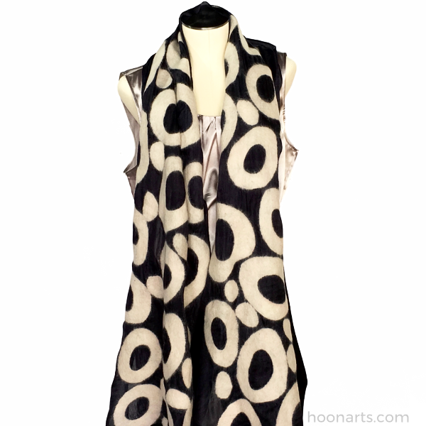 Kyrgyz Hand-felted Silk Scarf/Shawl, Black & White Circles