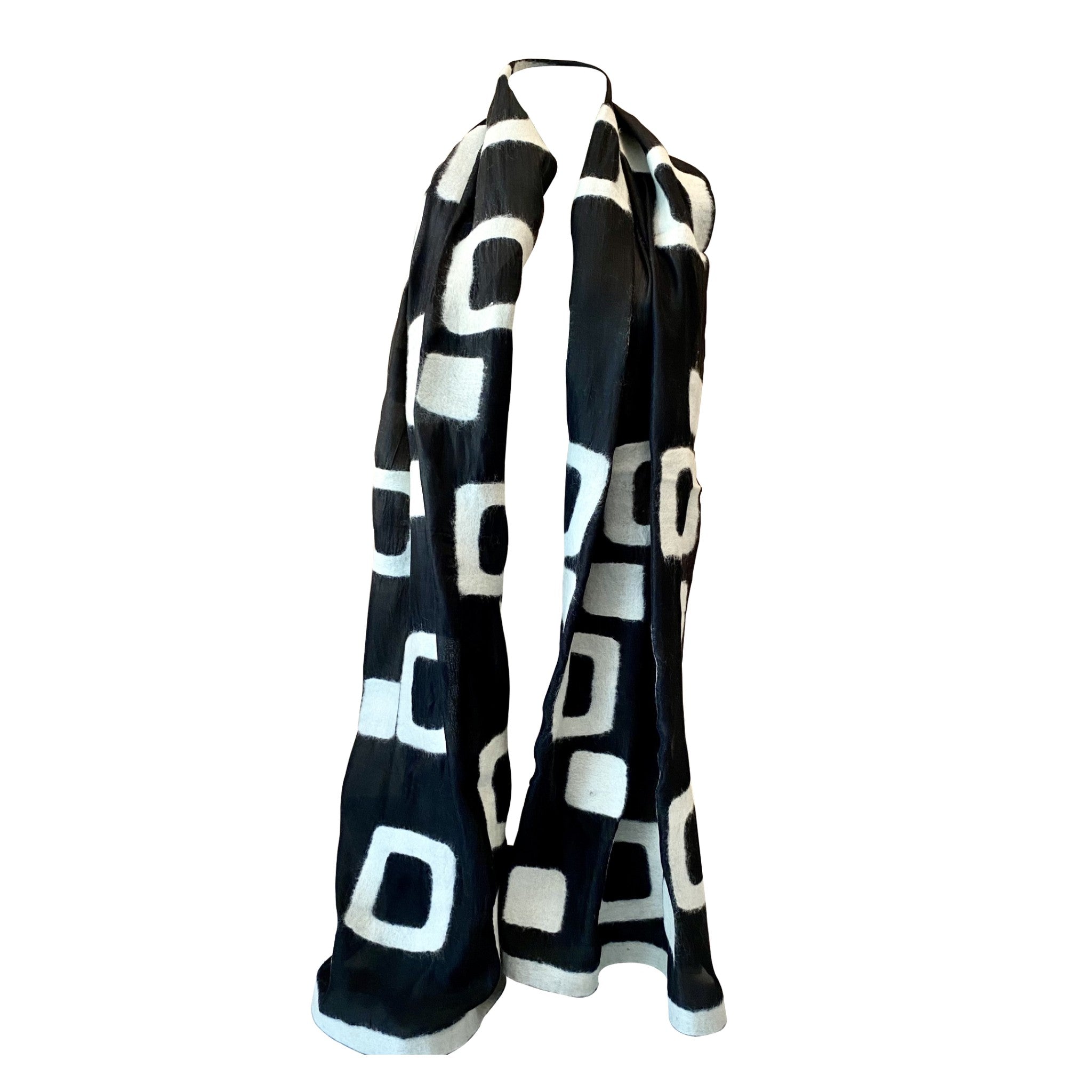 Kyrgyz Hand-felted Silk Scarf/Shawl, Black & White Rectangles