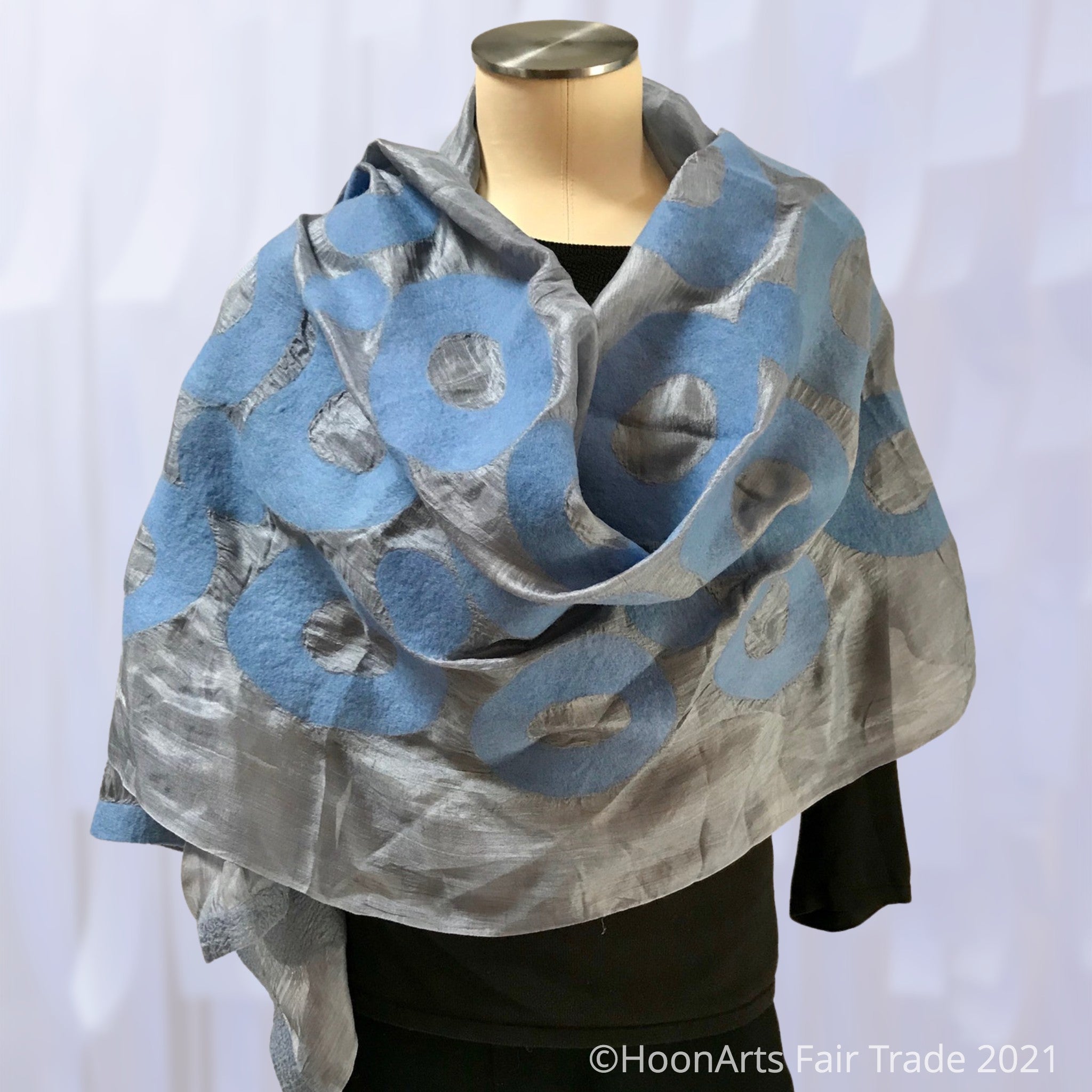 Kyrgyz Hand-felted Silk Scarf/Shawl, Blue Circles on Light Grey