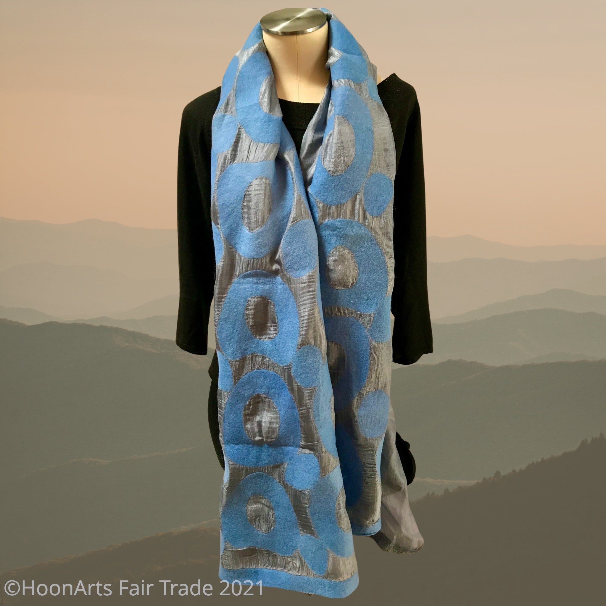 Kyrgyz Hand-felted Silk Scarf/Shawl, Blue Circles on Light Grey