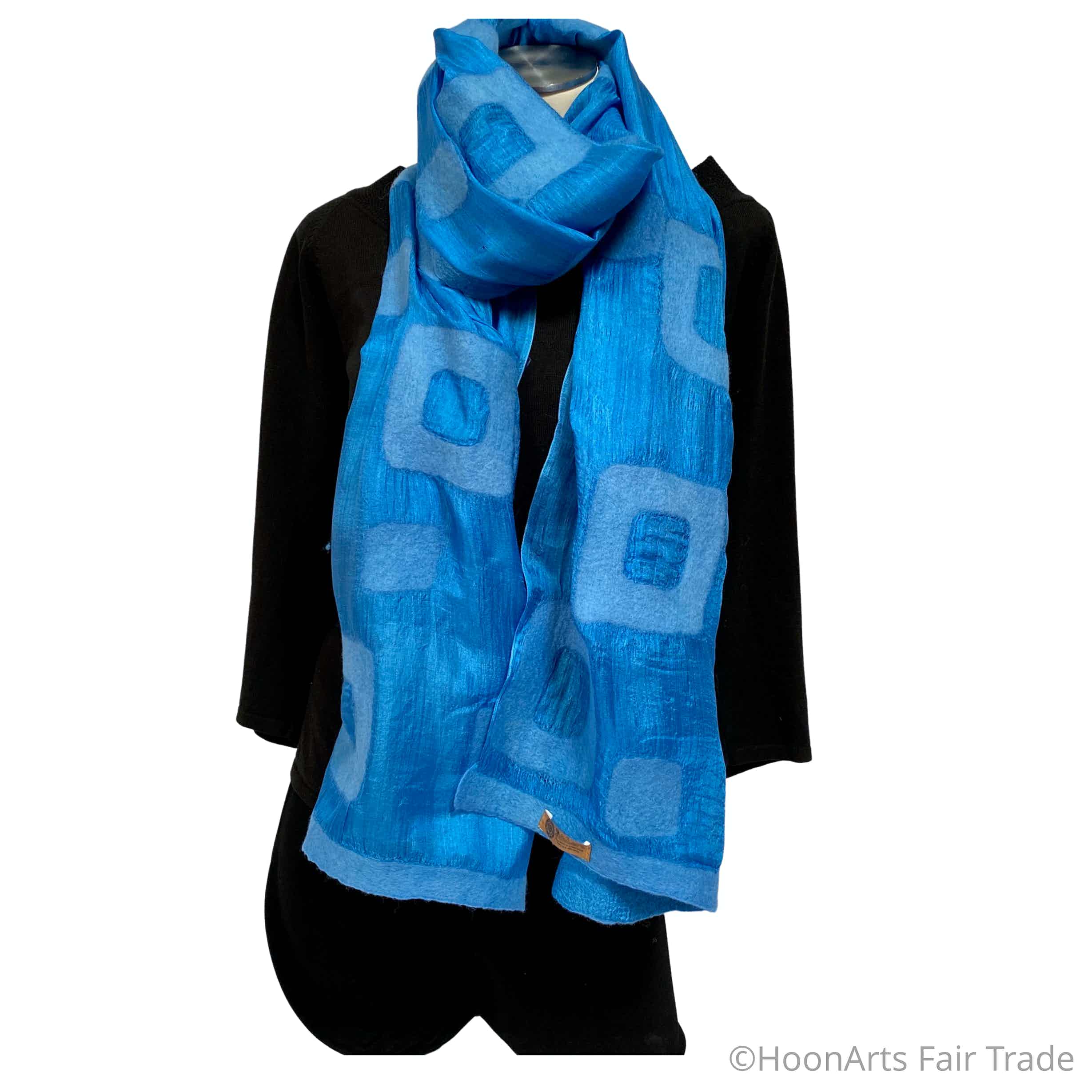 Handmade Felted Silk Scarf/Shawl, Turquoise Rectangles Pattern