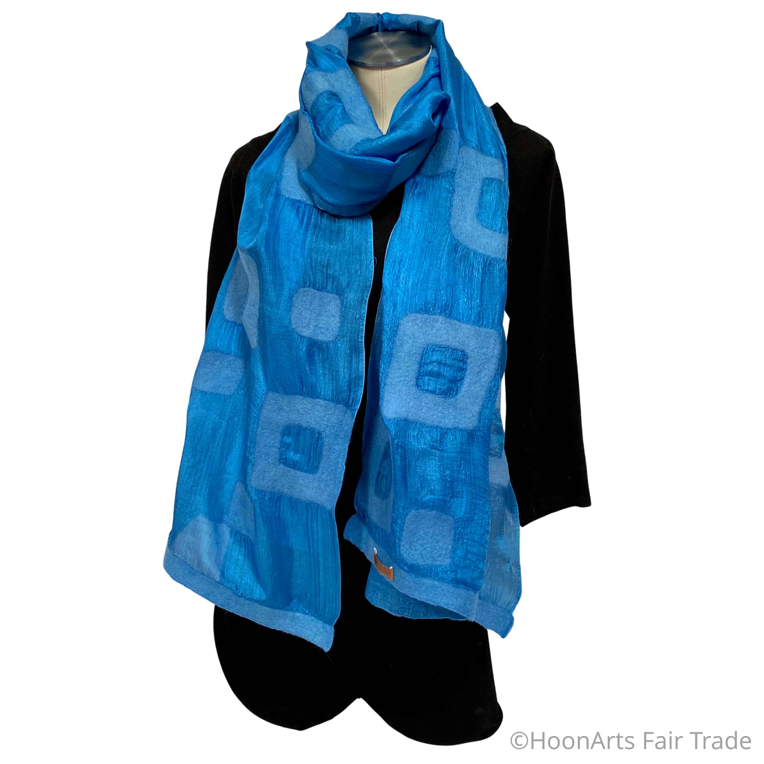 Handmade Felted Silk Scarf/Shawl, Turquoise Rectangles Pattern