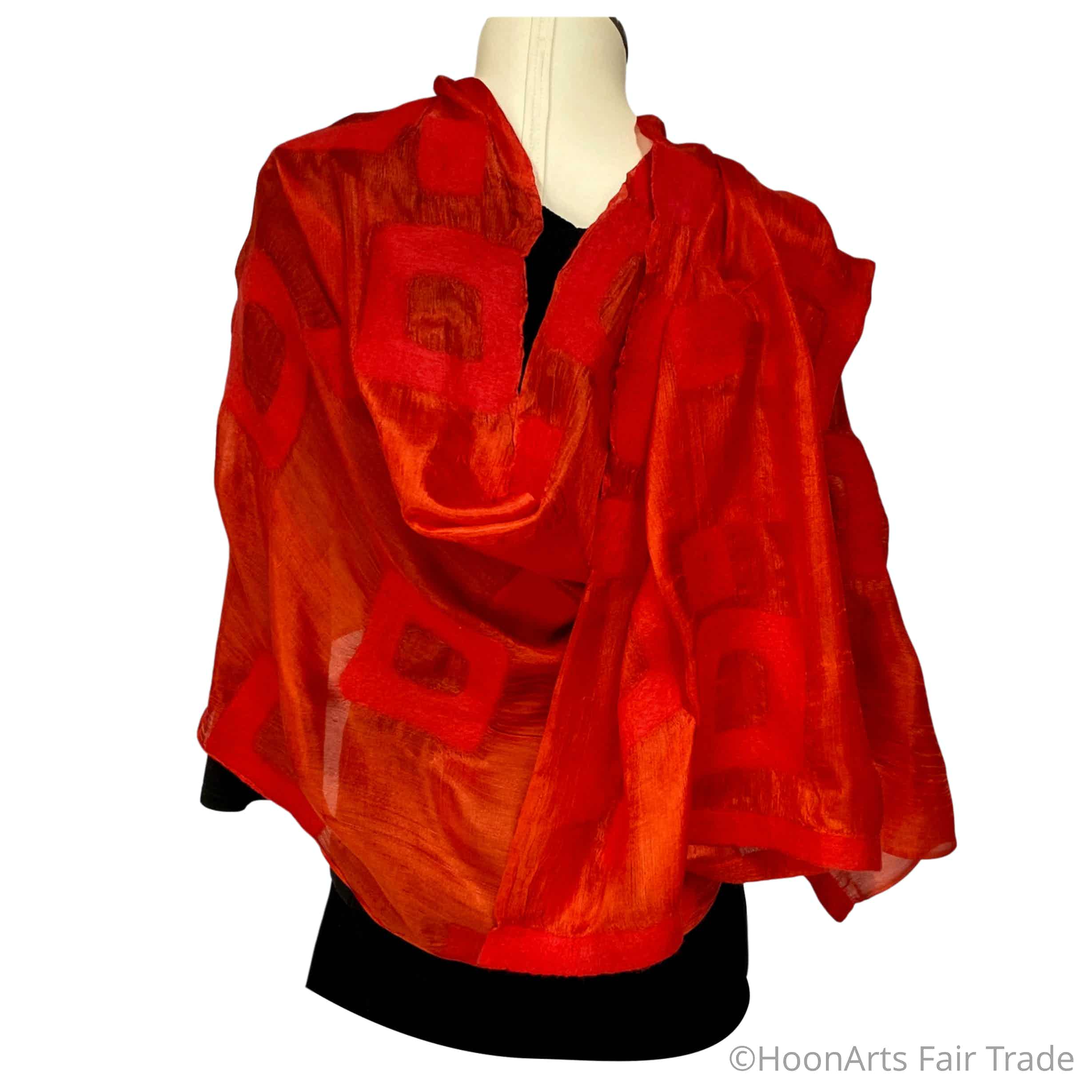 Kyrgyz Hand-felted Silk Scarf/Shawl, Solid Red Rectangles Pattern