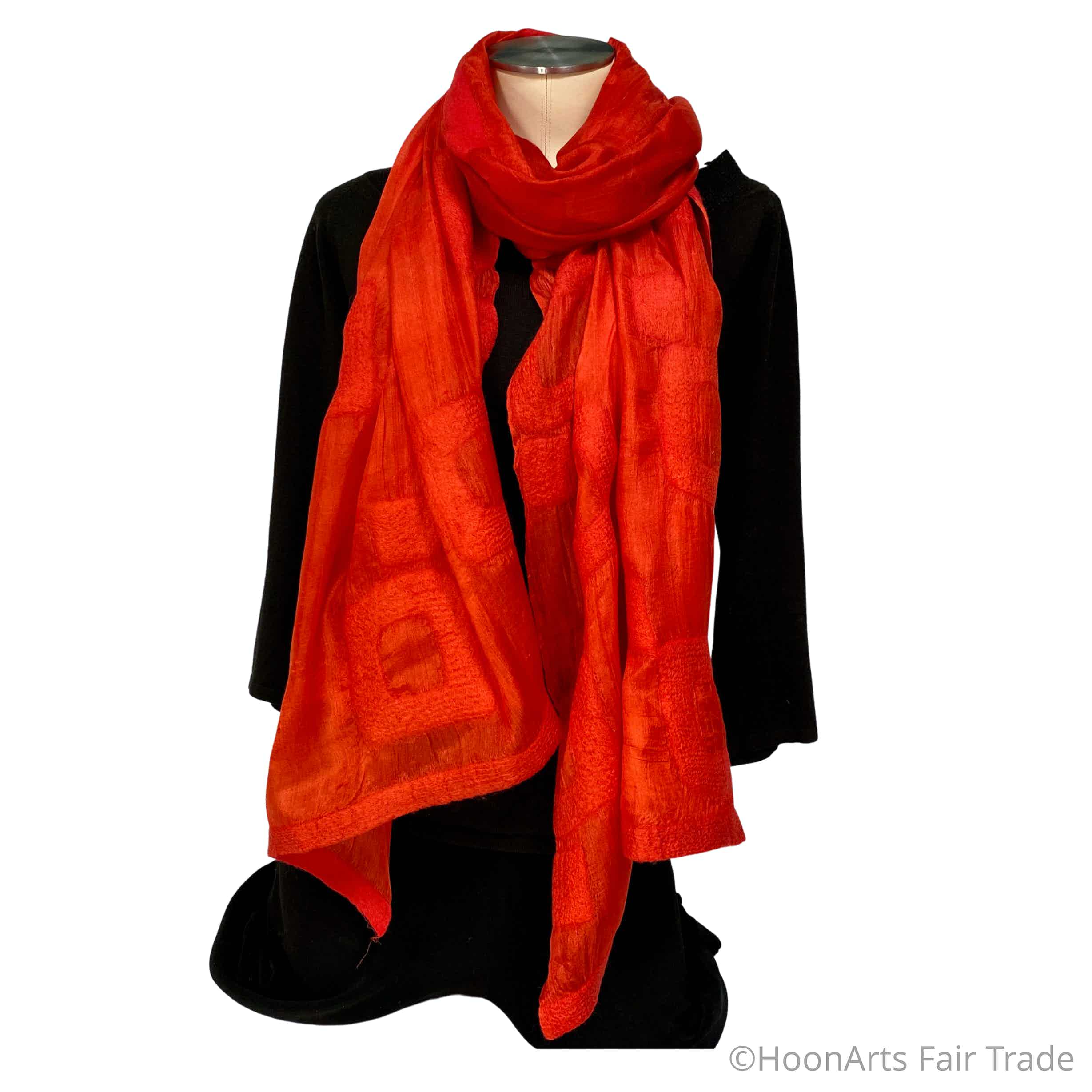 Kyrgyz Hand-felted Silk Scarf/Shawl, Solid Red Rectangles Pattern