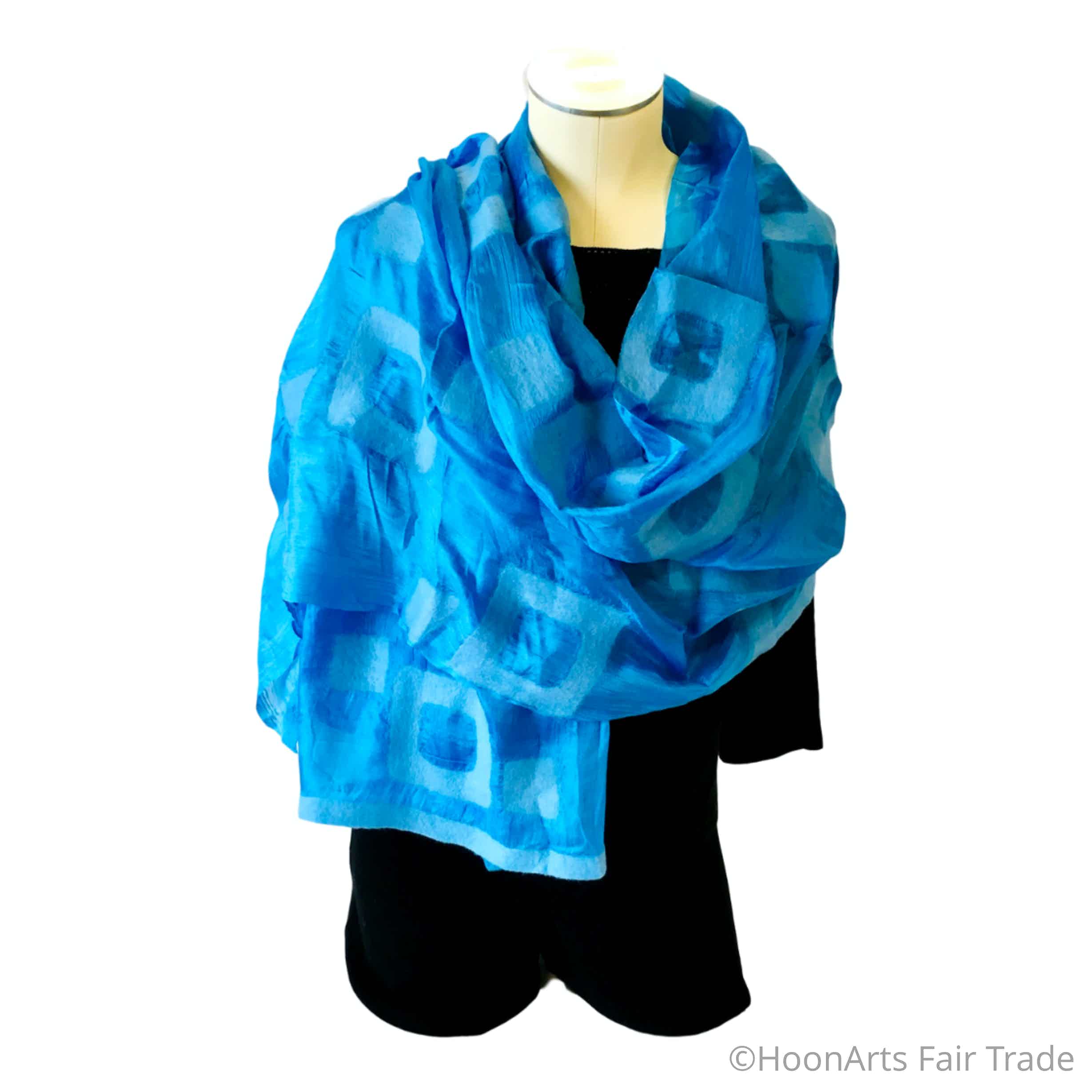 Handmade Felted Silk Scarf/Shawl, Turquoise Rectangles Pattern