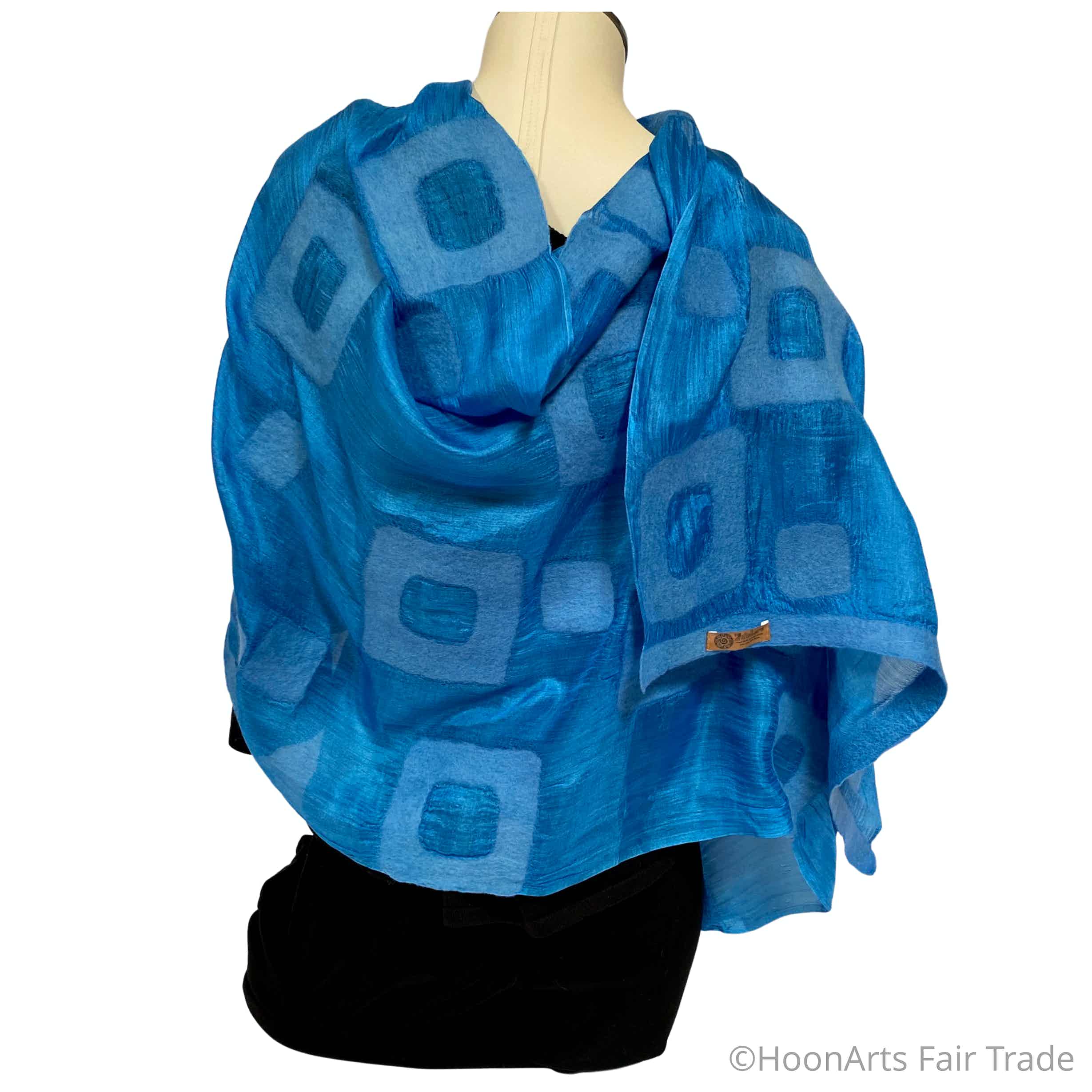 Handmade Felted Silk Scarf/Shawl, Turquoise Rectangles Pattern