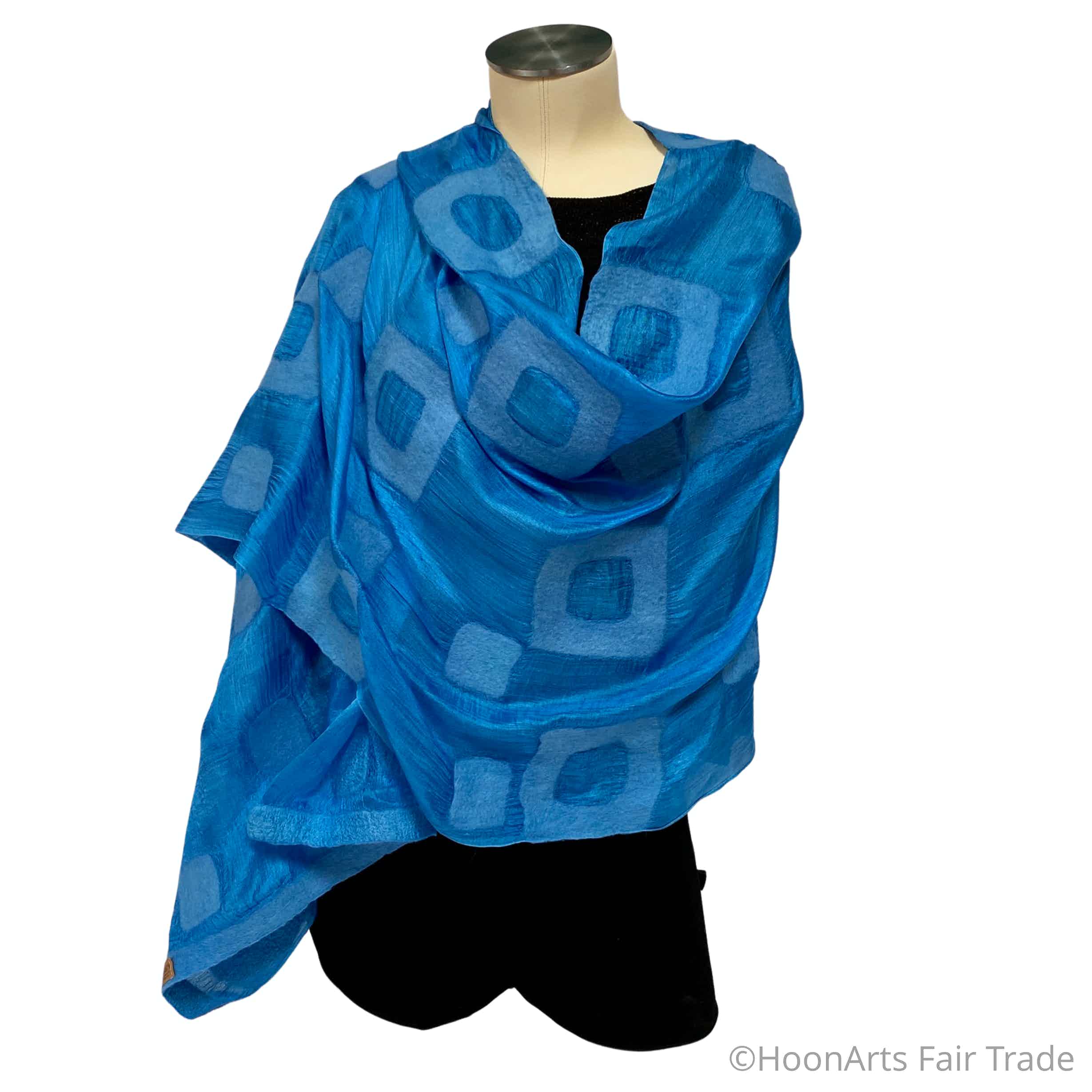 Handmade Felted Silk Scarf/Shawl, Turquoise Rectangles Pattern
