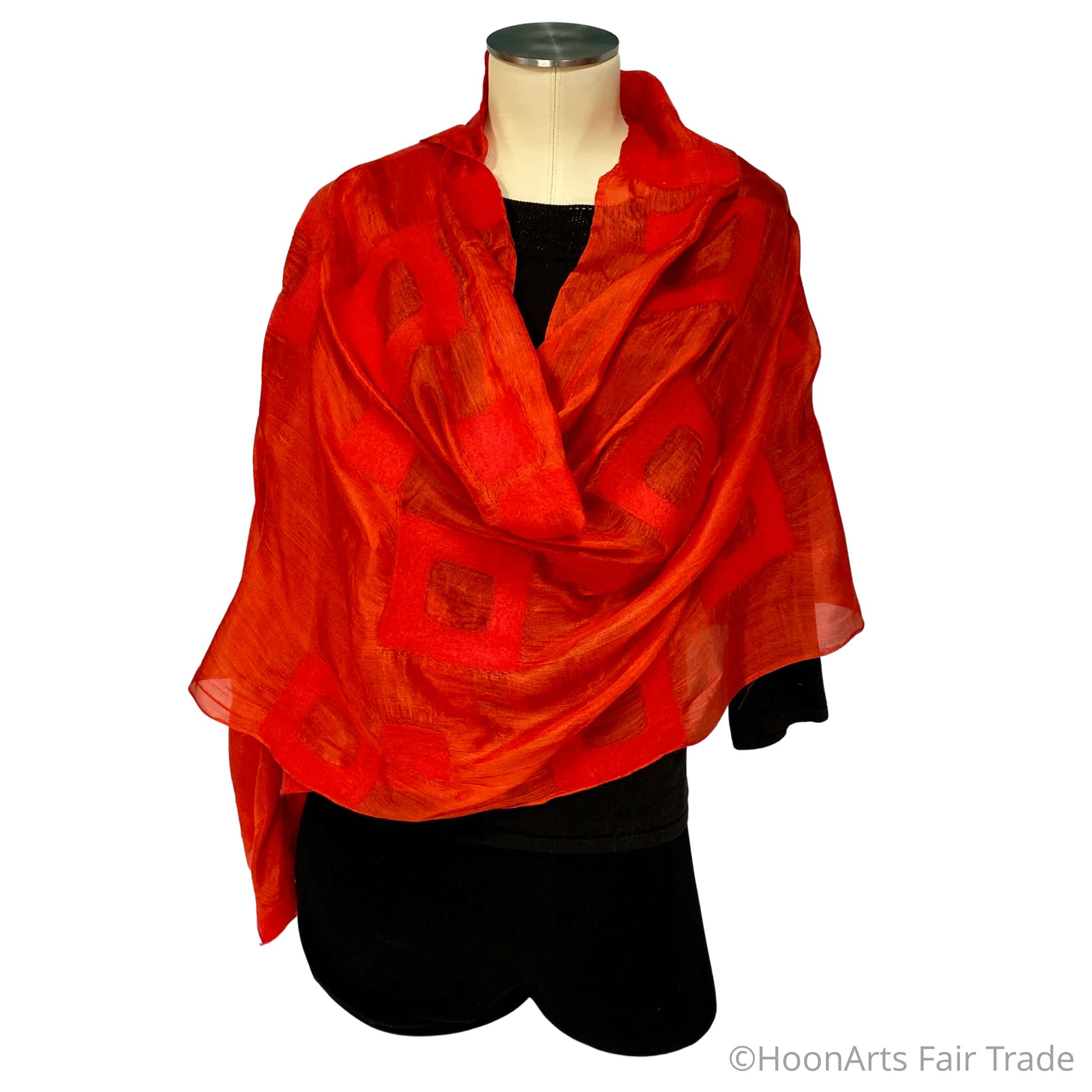 Kyrgyz Hand-felted Silk Scarf/Shawl, Solid Red Rectangles Pattern