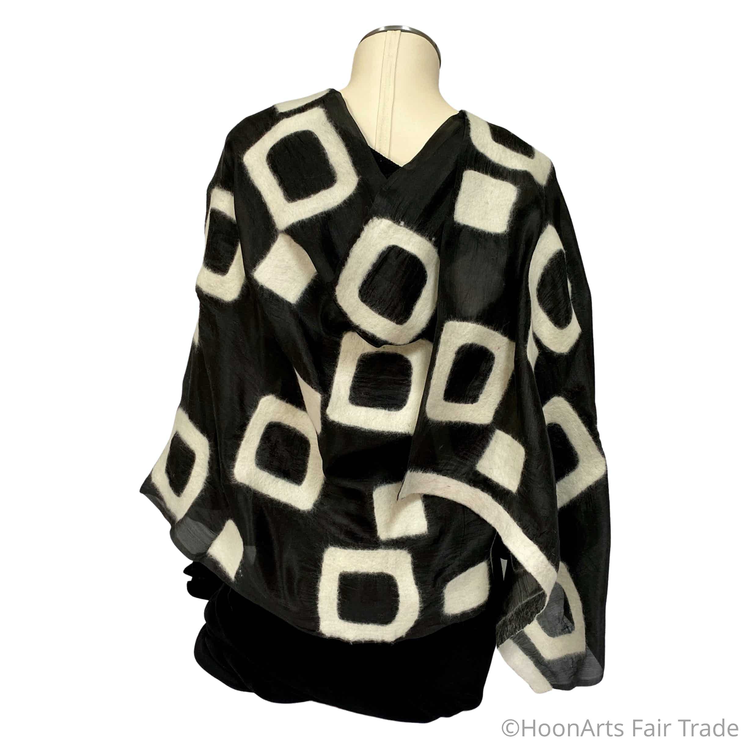 Kyrgyz Hand-felted Silk Scarf/Shawl, Black & White Rectangles