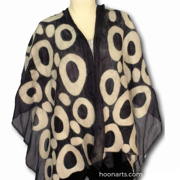 Kyrgyz Hand-felted Silk Scarf/Shawl, Black & White Circles