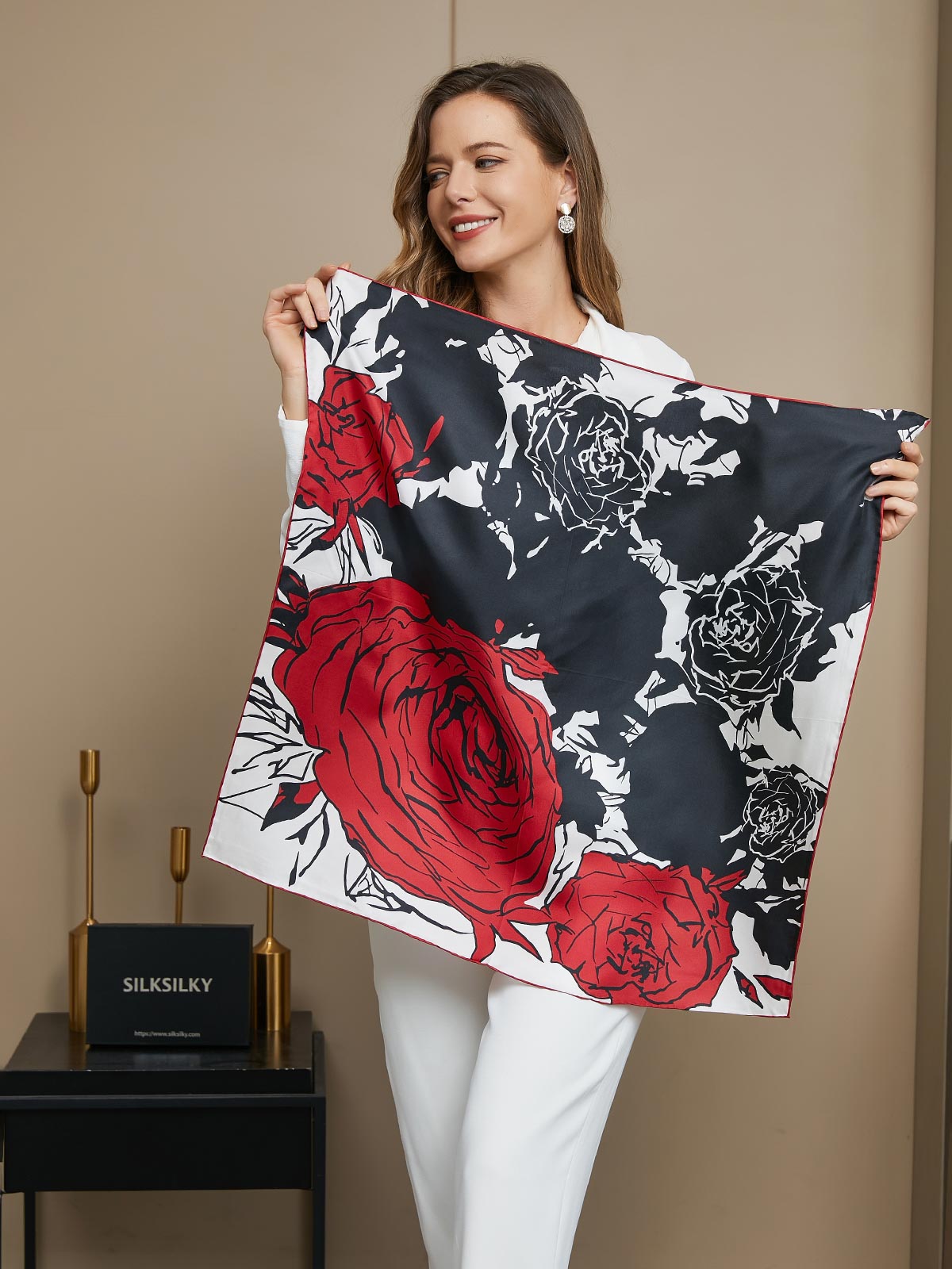 Clearance -Pure Silk Rose Floral Pattern Square Scarf 65x65cm