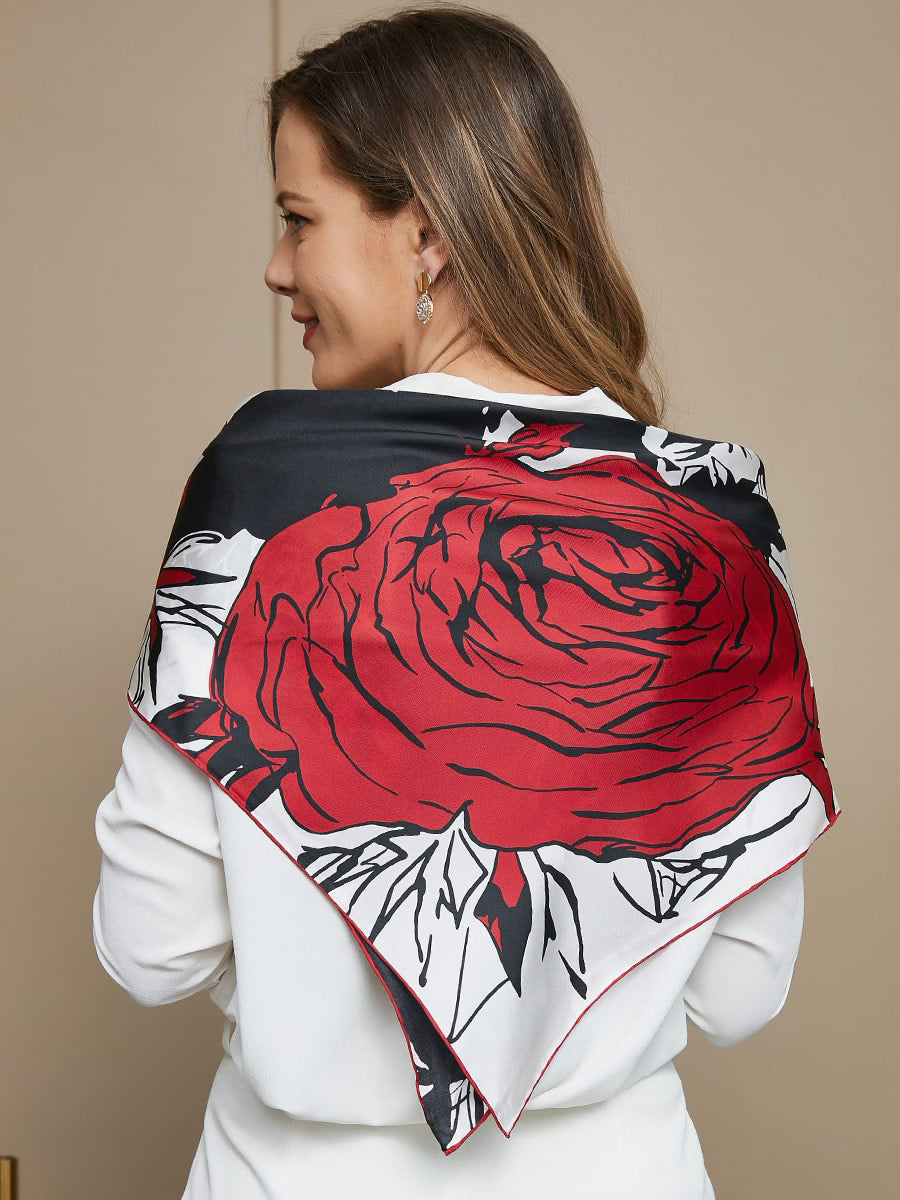 Clearance -Pure Silk Rose Floral Pattern Square Scarf 65x65cm