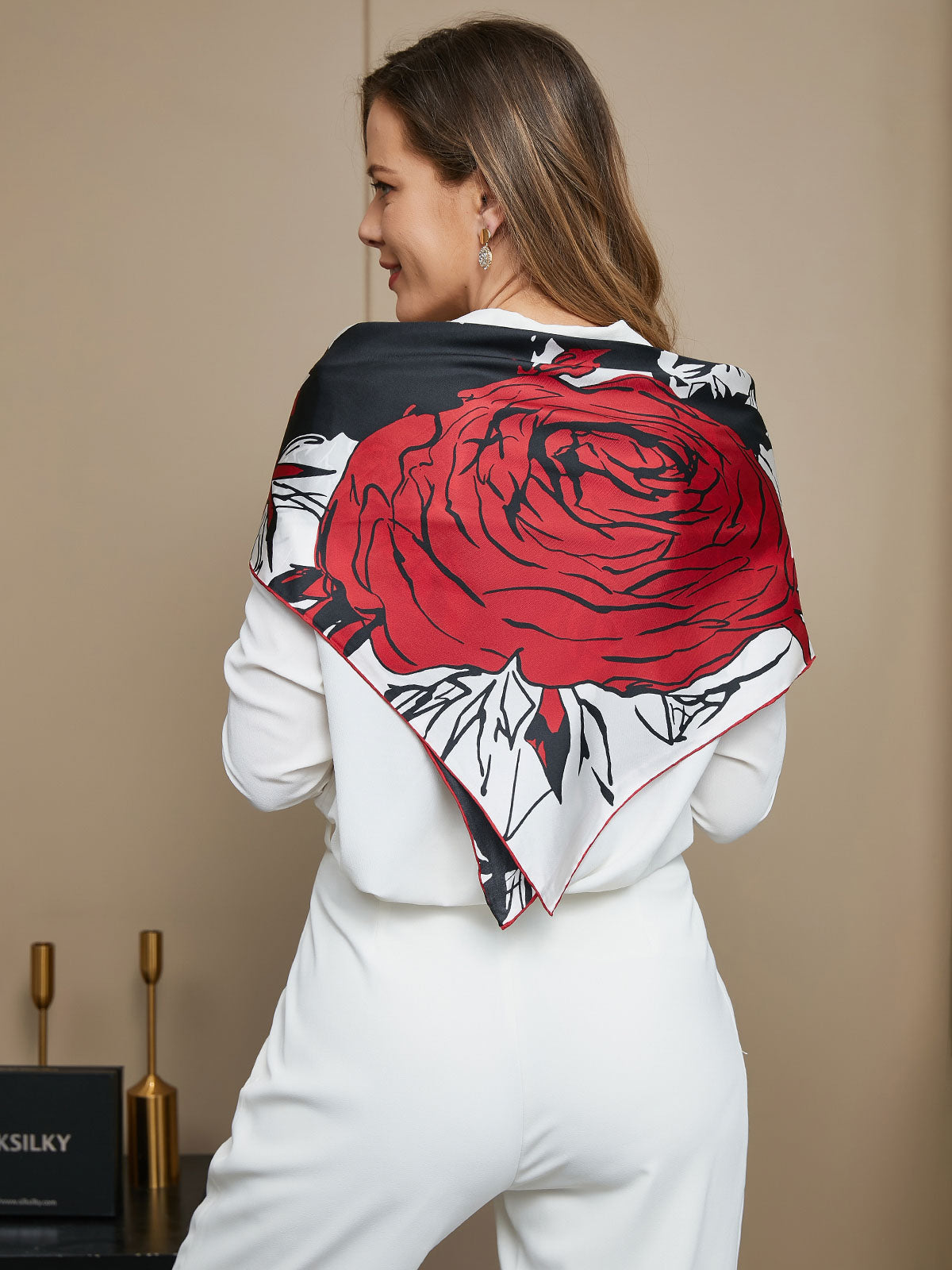 Clearance -Pure Silk Rose Floral Pattern Square Scarf 65x65cm