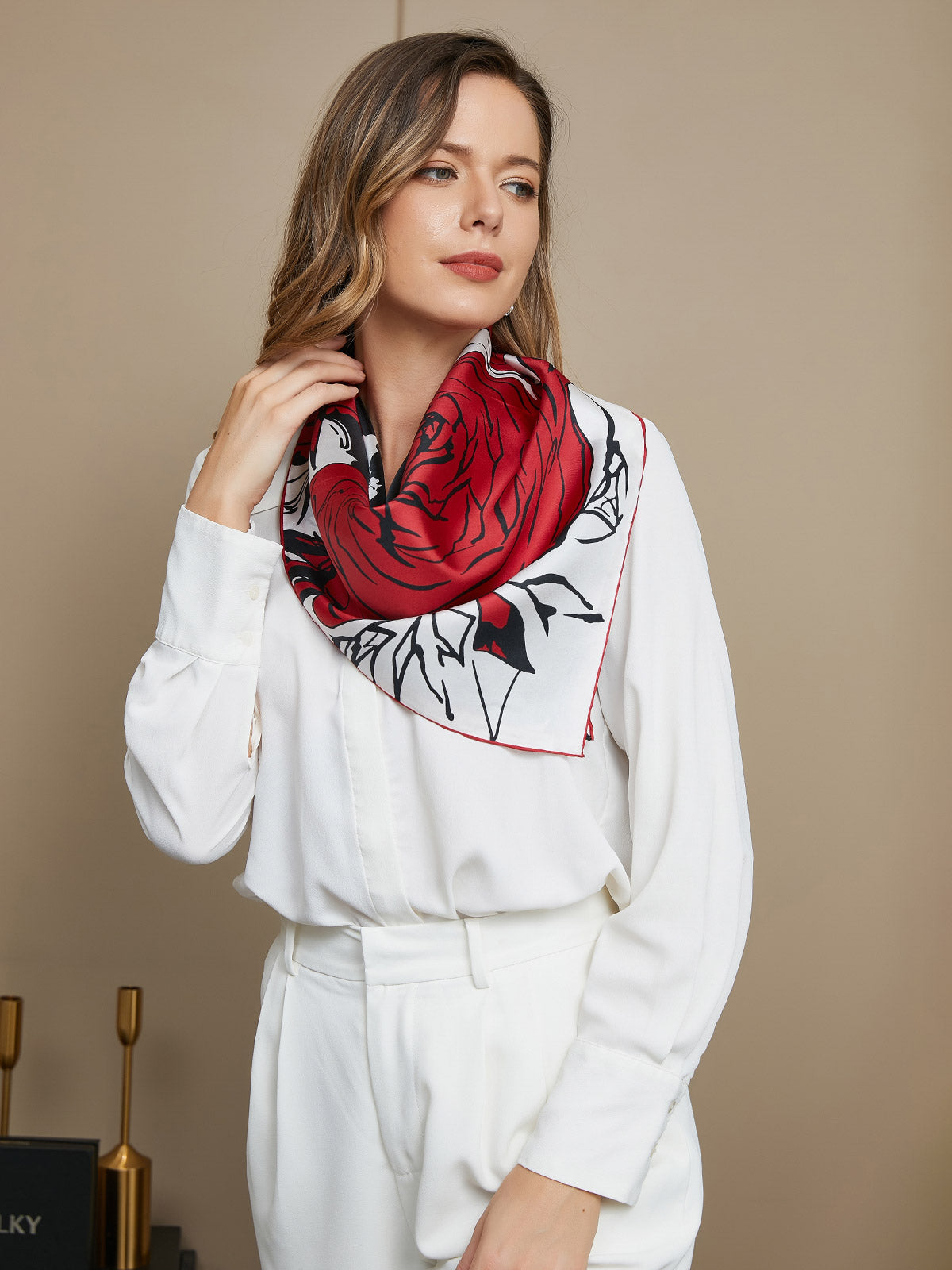 Clearance -Pure Silk Rose Floral Pattern Square Scarf 65x65cm