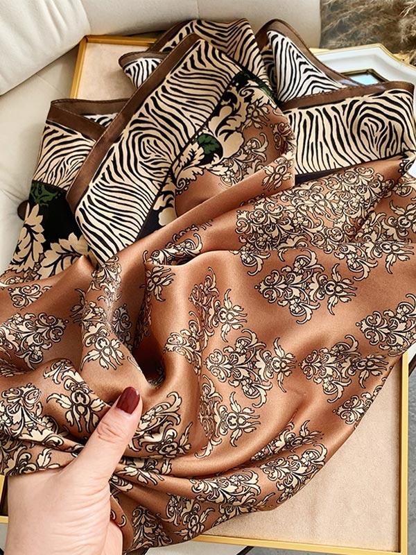 Brown Floral Silk Square Scarf 90