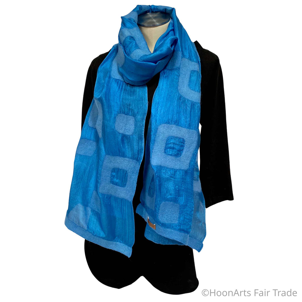 Handmade Felted Silk Scarf/Shawl, Turquoise Rectangles Pattern